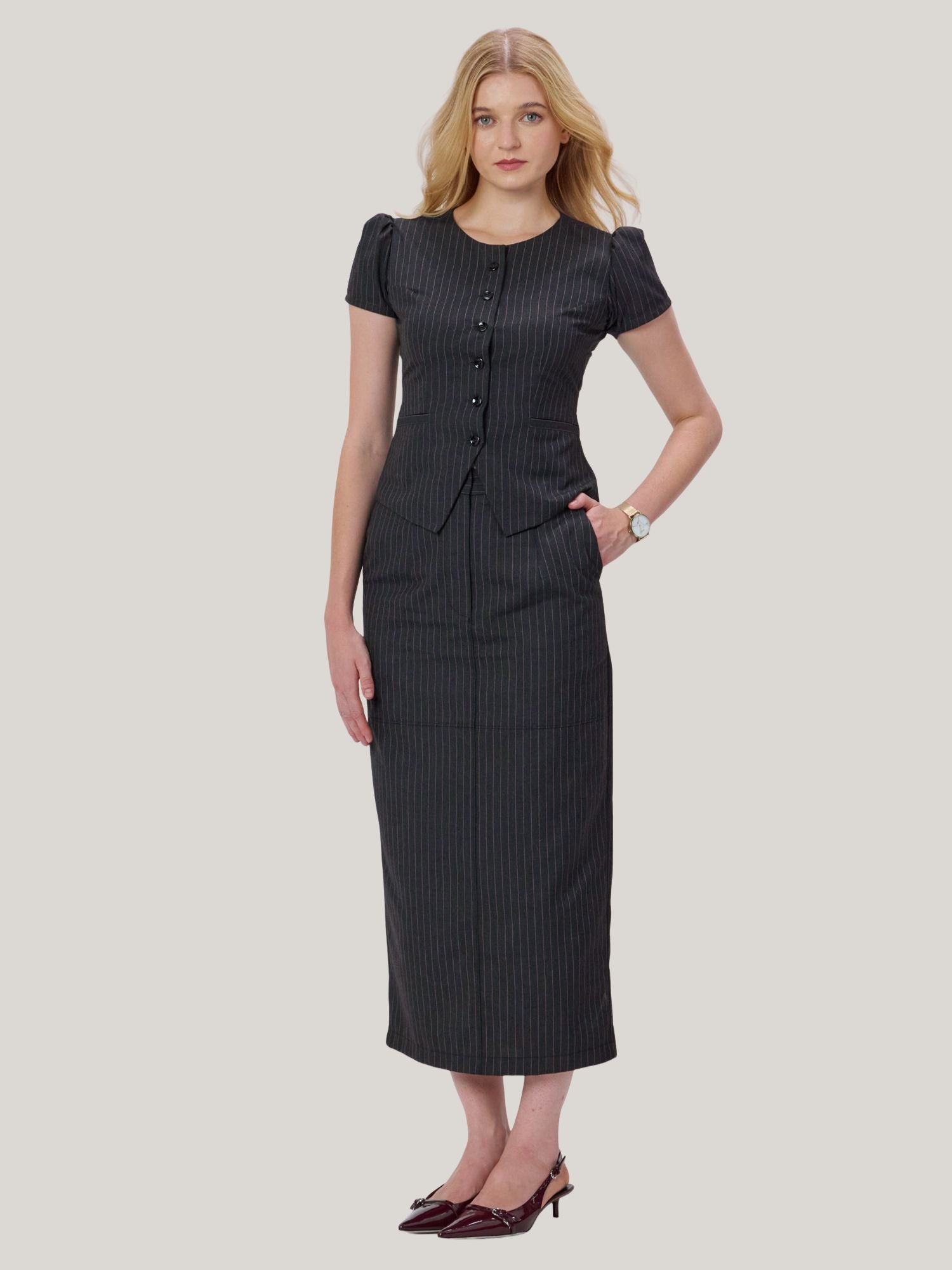 PINK AND GREY PINSTRIPE TOP