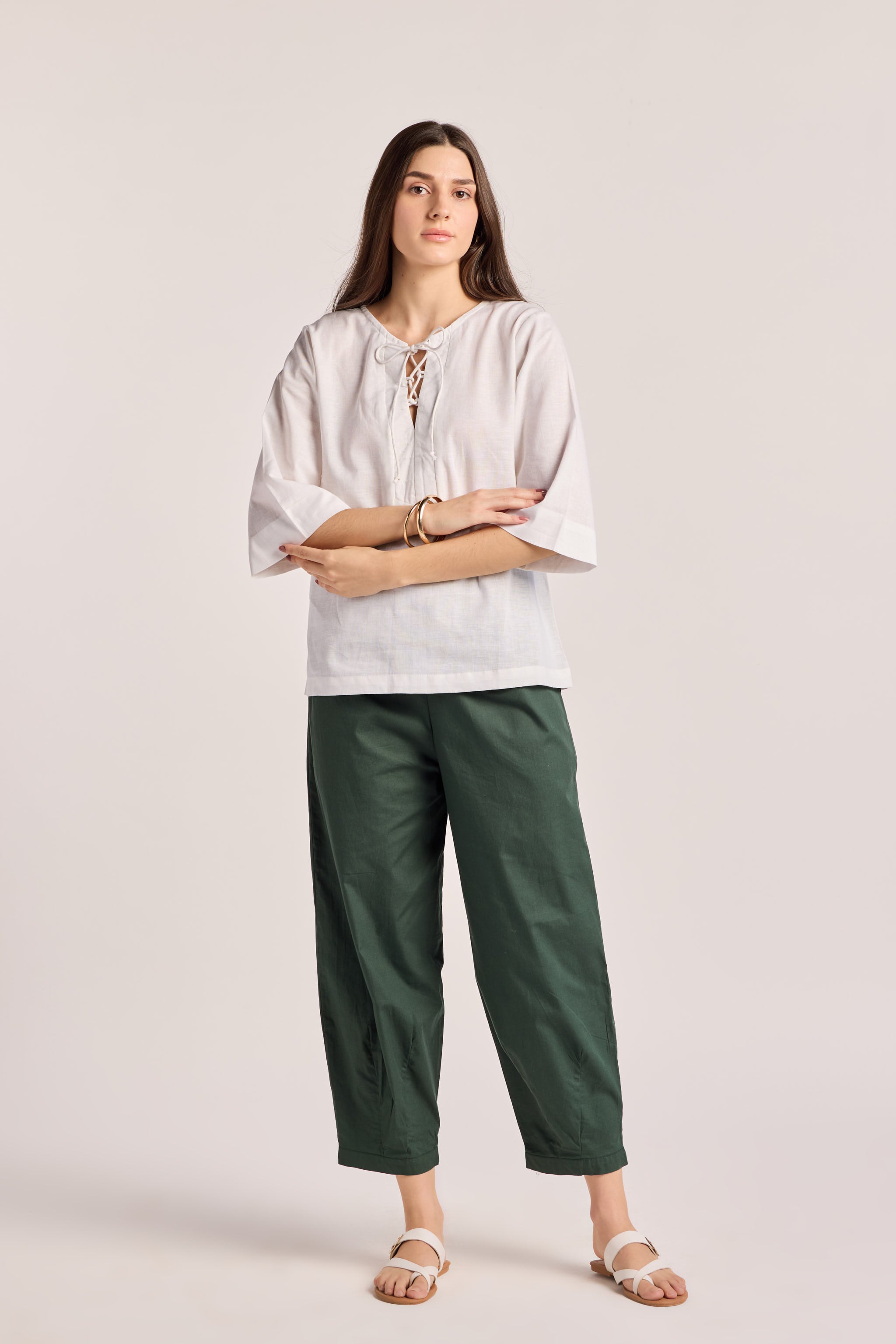 White Cotton Linen Drawstring Top