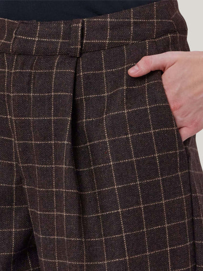 BROWN CHECKED WOOL TWEED PANTS