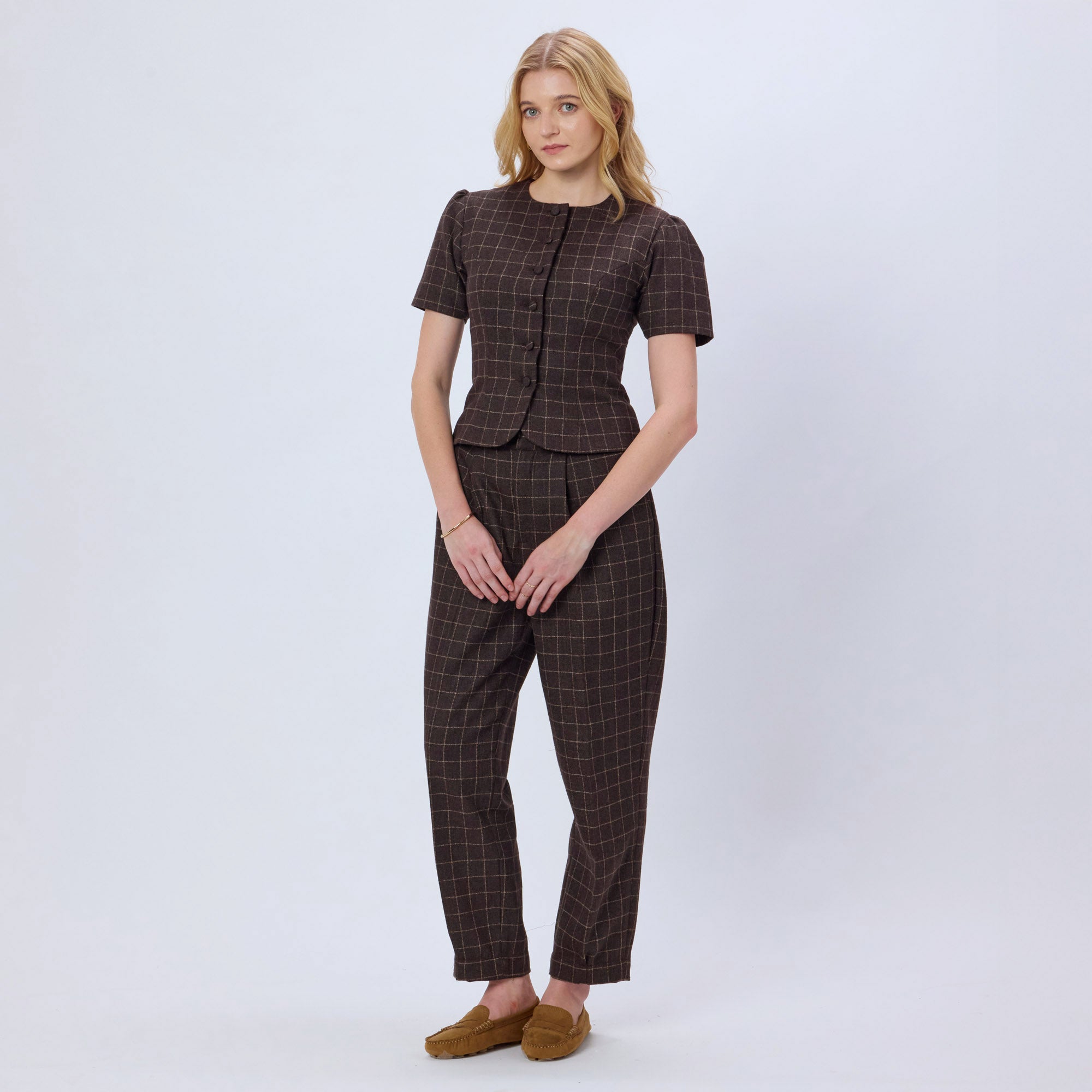 BROWN CHECKED WOOL TWEED TOP