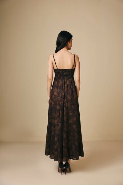 Brown Printed Cotton Square Neck Maxi  Dress