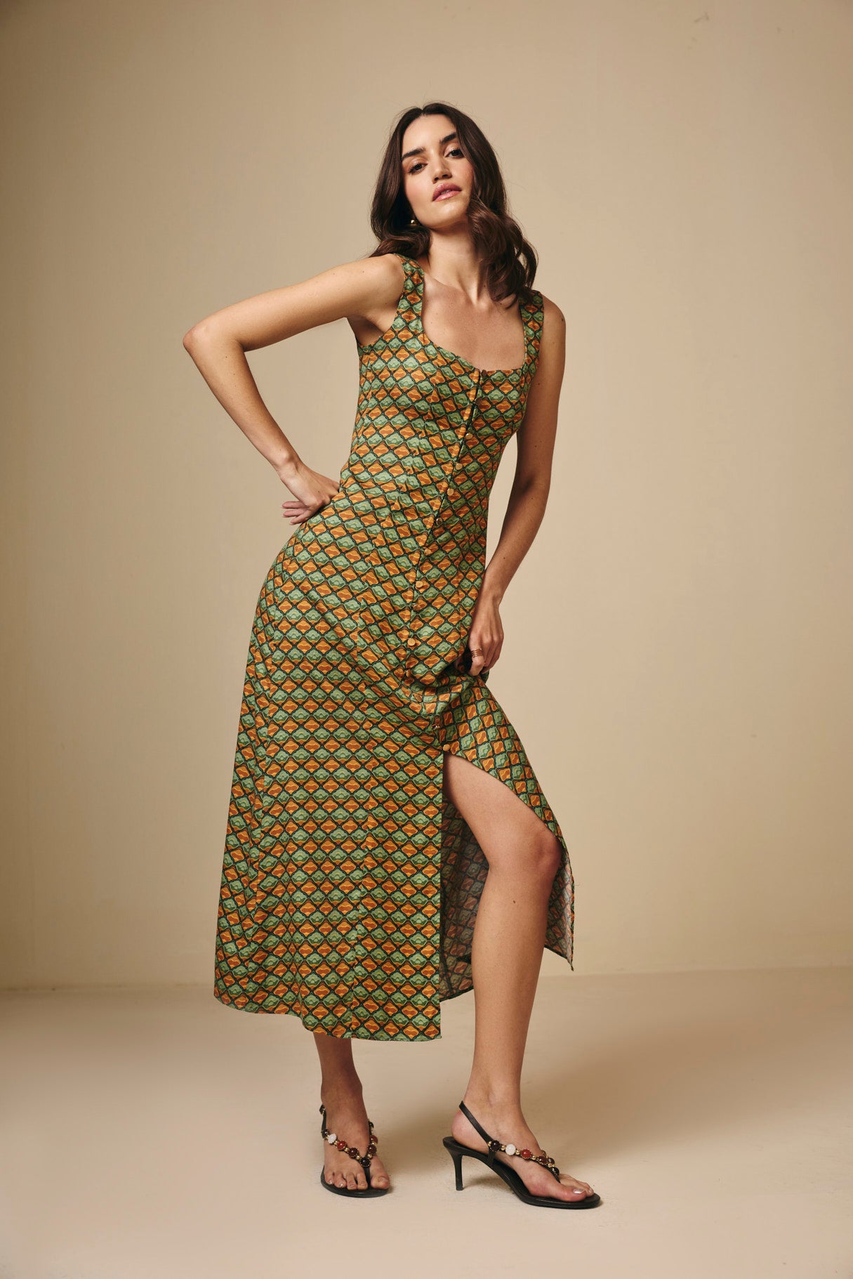 Earthy Geometric  Printed Square Neck Viscose Maxi Dress