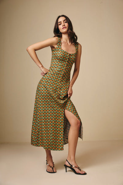 Earthy Geometric  Printed Square Neck Viscose Maxi Dress