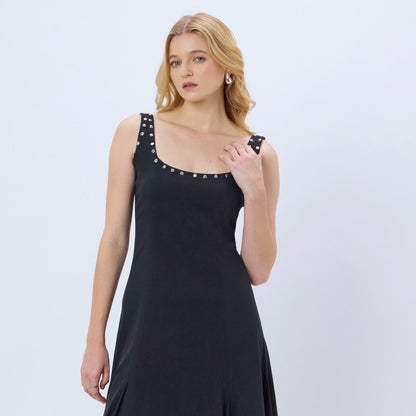 BLACK STUDDED COTTON BLEND MAXI DRESS