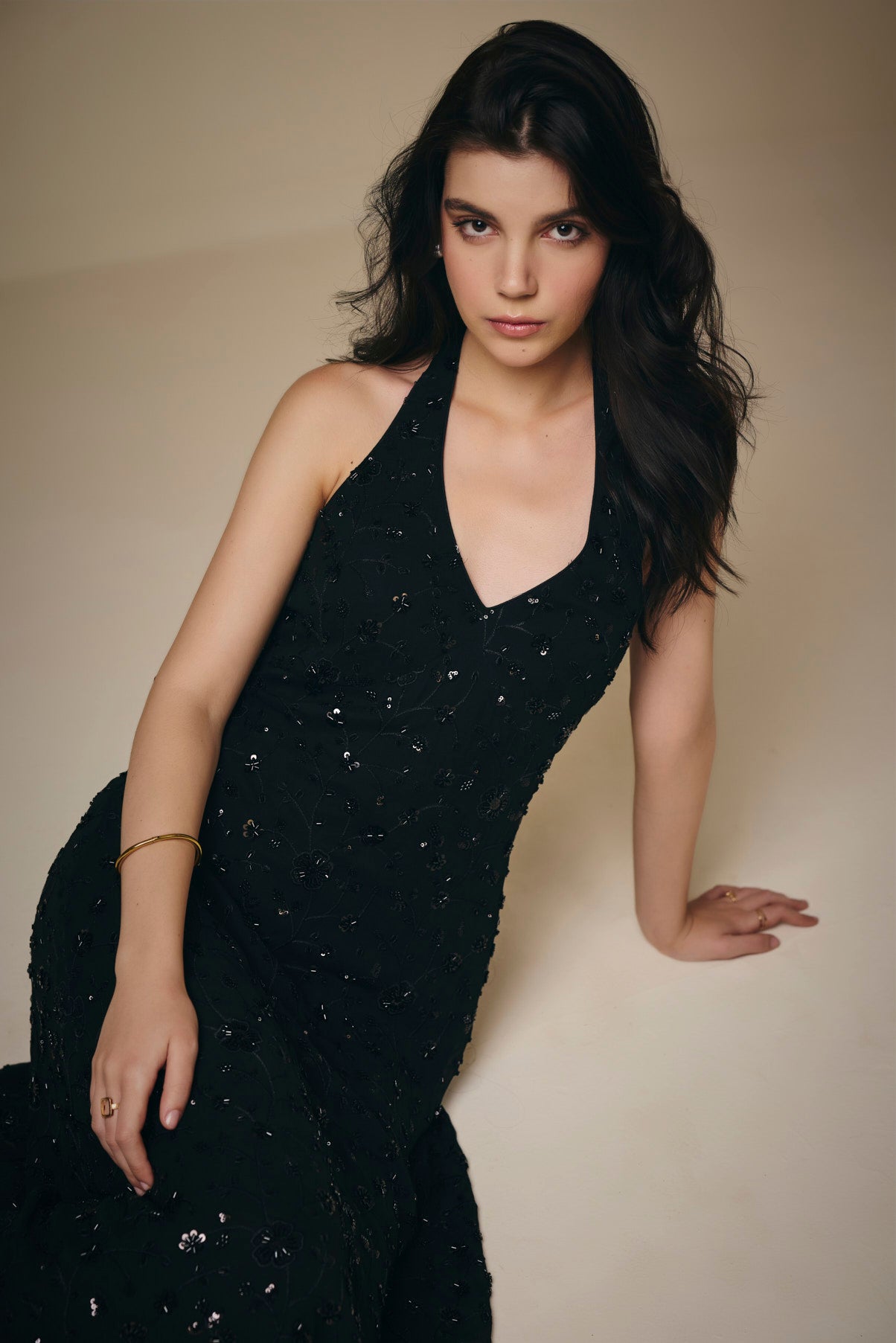 Black Georgette Halter Neck Embroidered Dress