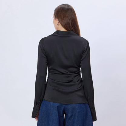 BLACK SATIN COLLARED TOP