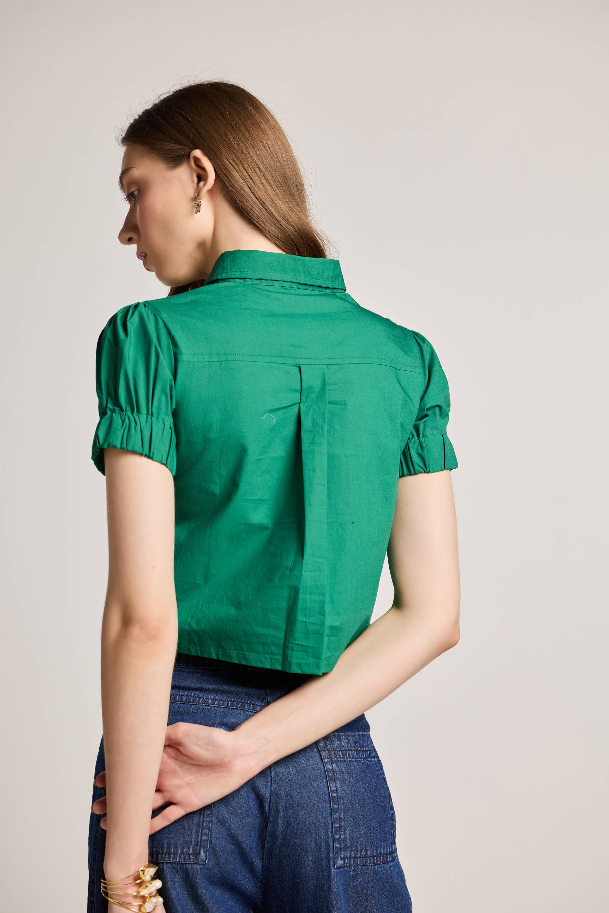 Cropped Green Puff Sleeve Shirt