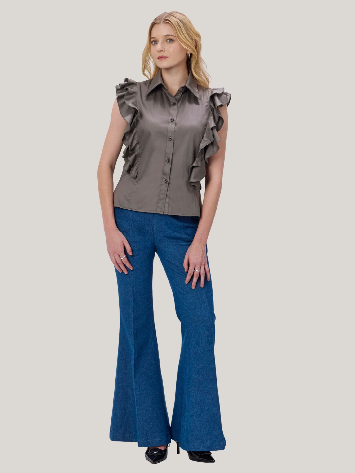 CHARCOAL GREY COTTON RUFFLE SHIRT