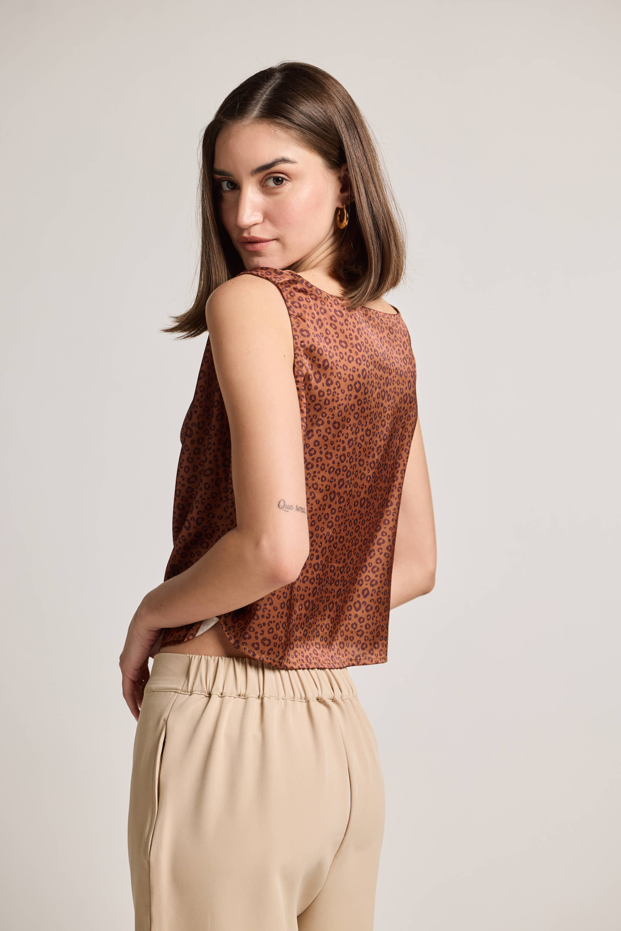 Animal Mocha Cowl Neck Sleeveless Printed Top