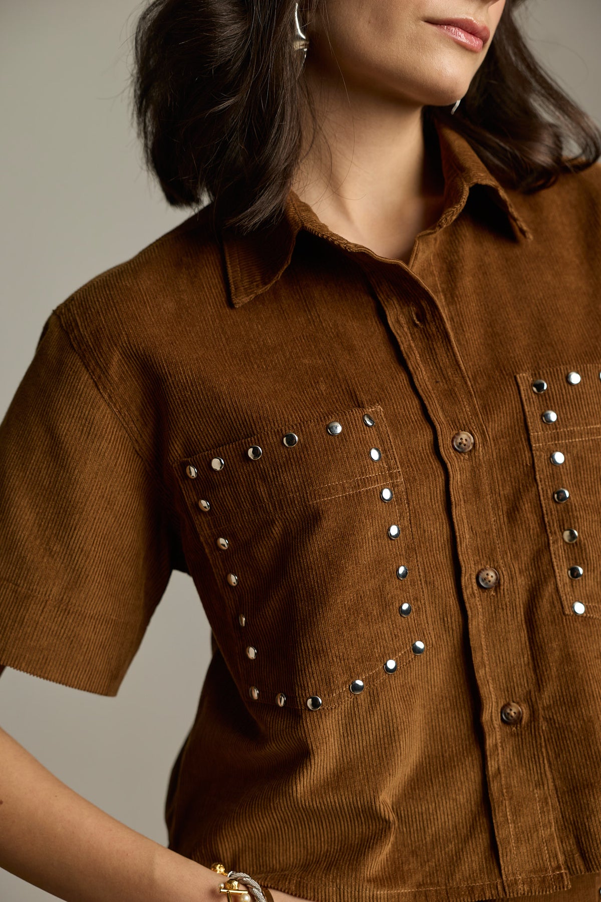 Brown Cotton Corduroy Studded Cropped Shirt