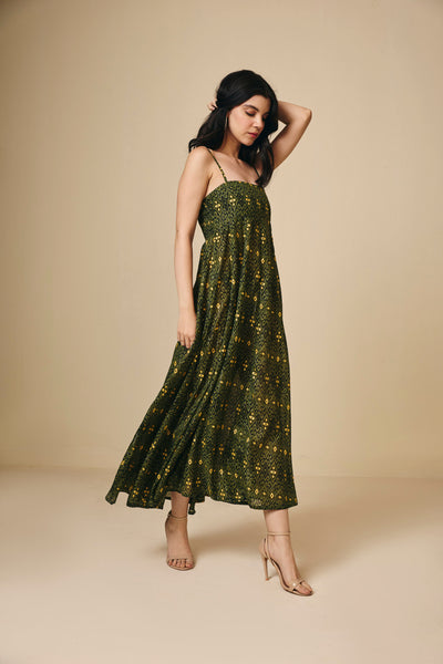 Green Printed Cotton Square Neck Maxi Dress