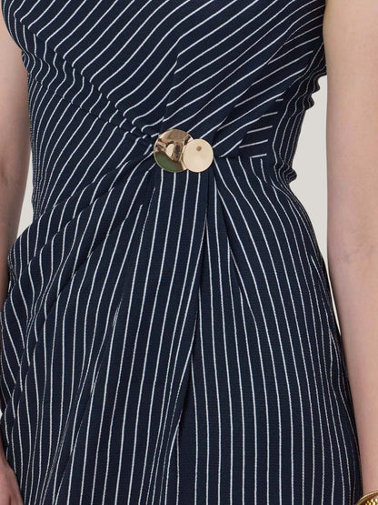 MIDNIGHT BLUE & WHITE STRIPED MIDI DRESS WITH BROOCH