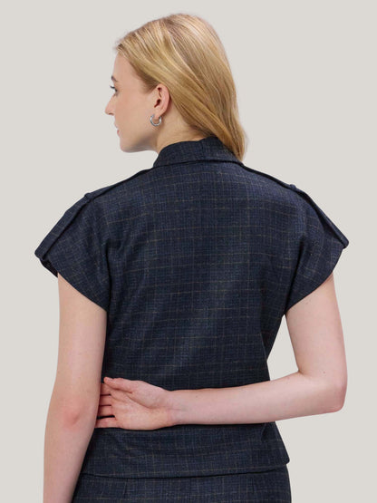 BLUE CHECKED WOOL TWEED TOP