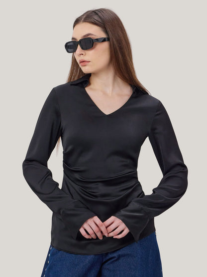 BLACK SATIN COLLARED TOP