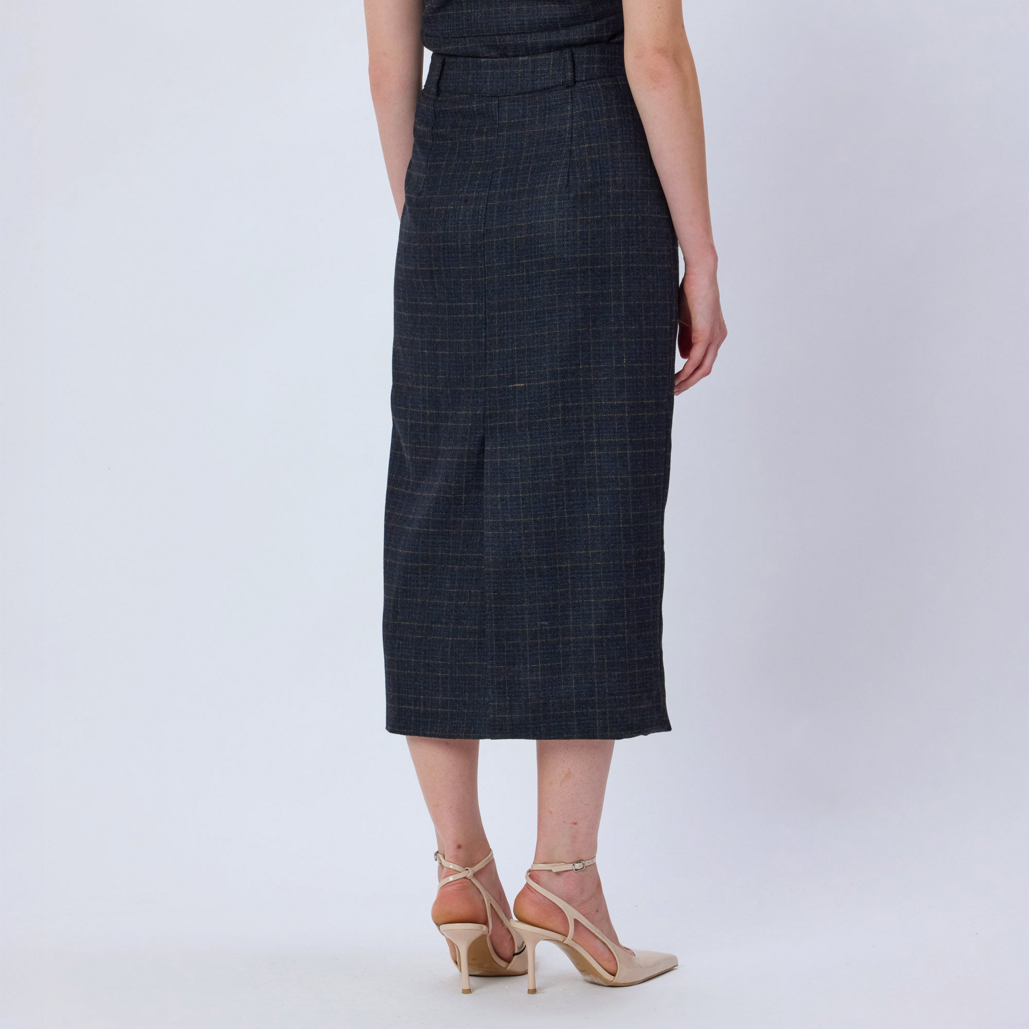 BLUE CHECKED WOOL TWEED SKIRT