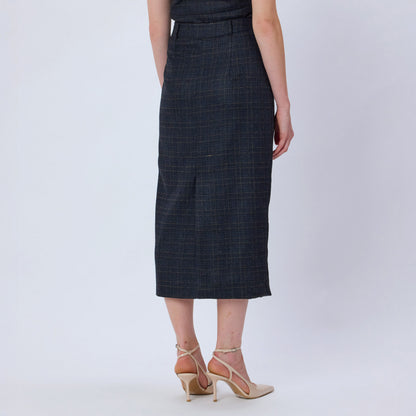 BLUE CHECKED WOOL TWEED SKIRT