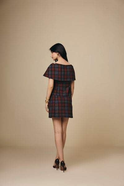Brown and Blue Checked Cotton Short Skirt