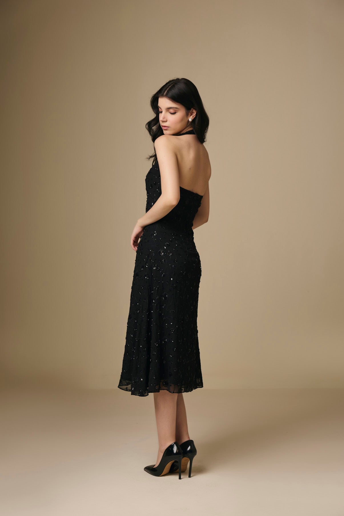 Black Georgette Halter Neck Embroidered Dress