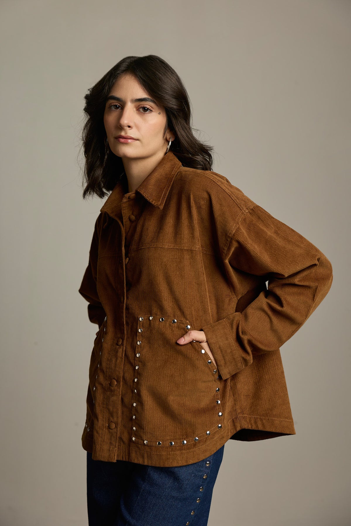 Brown Corduroy Studded Oversized Shacket
