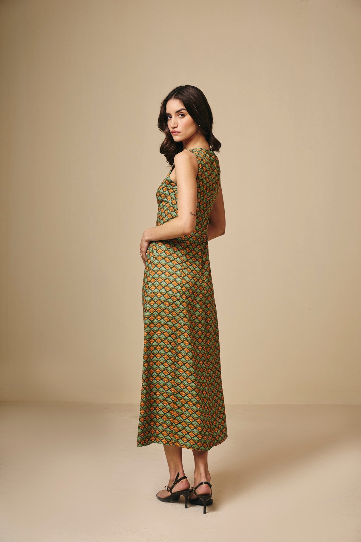 Earthy Geometric  Printed Square Neck Viscose Maxi Dress