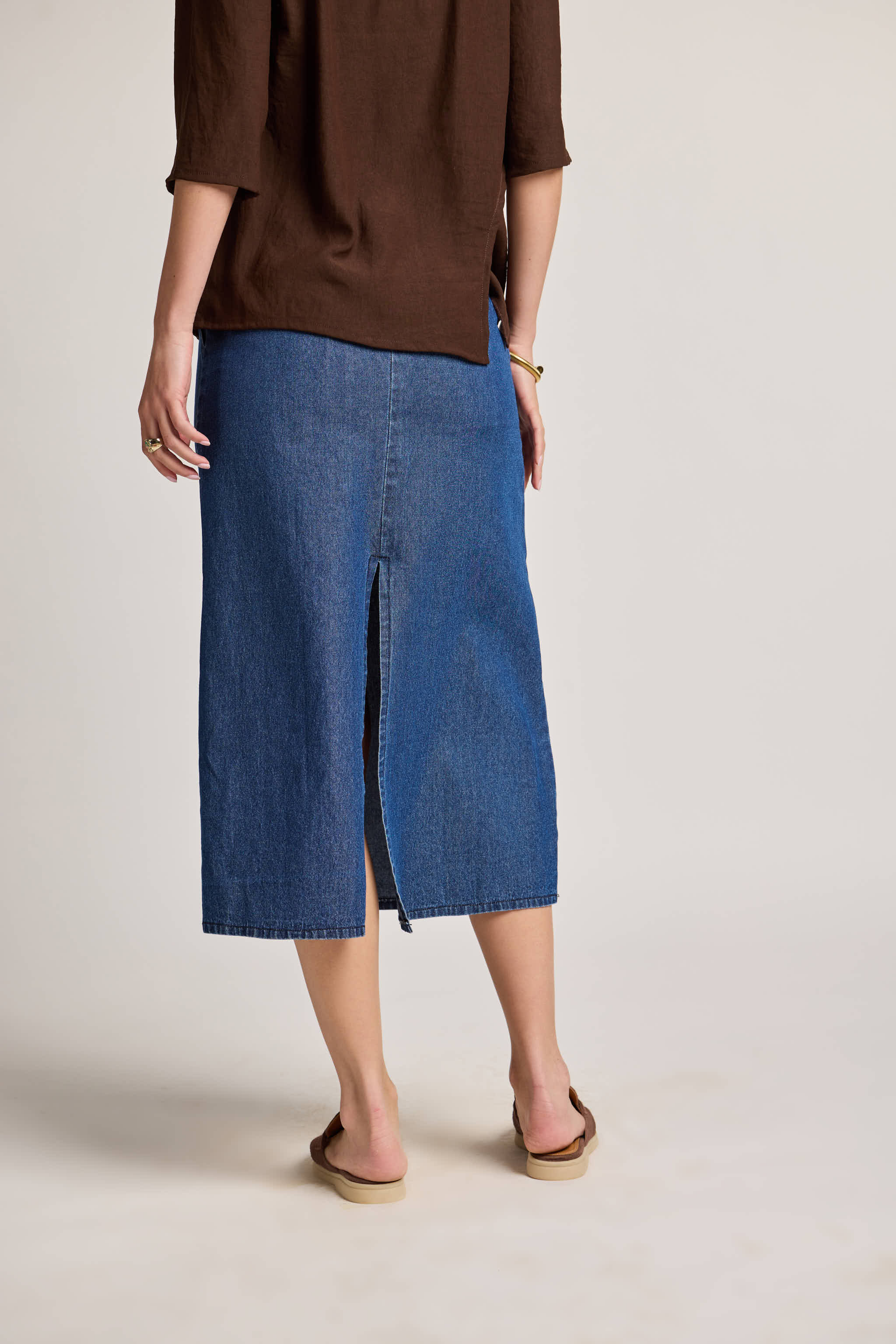 Indigo Button-Front Denim Midi Skirt