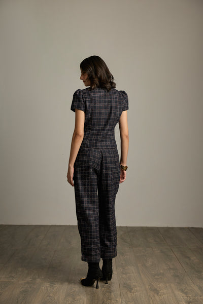 Blue & Black Checked Tweed Barrel-Leg Trousers