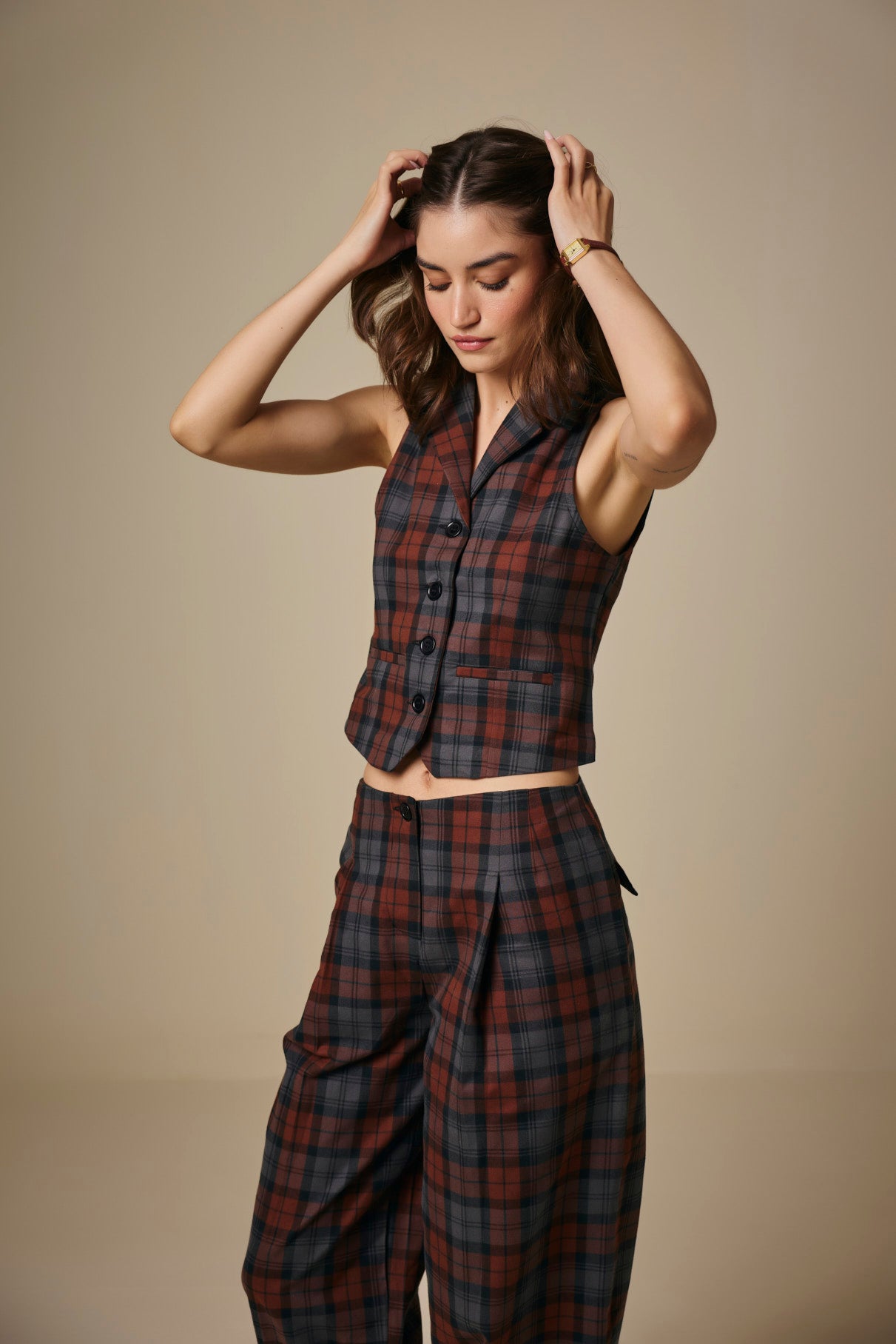 Brown and Blue Checked Cotton Balloon Leg Trousers