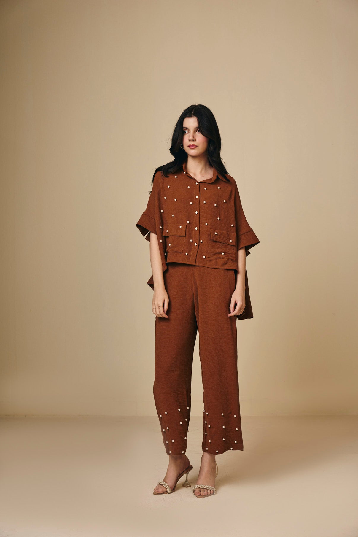 Rust Cotton Pants with Pearl Detail