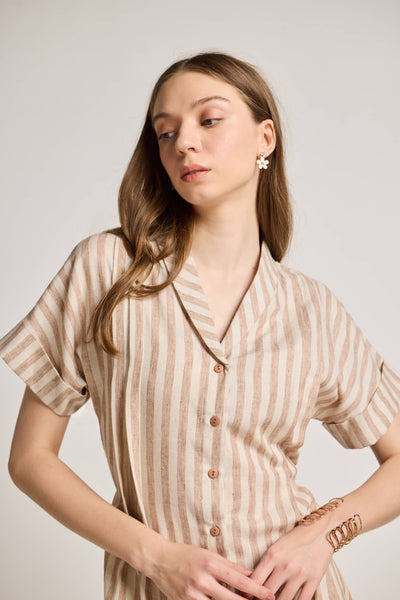 Beige and White Striped Linen Dress