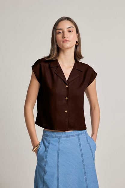 Brown Cotton Linen Short Shirt