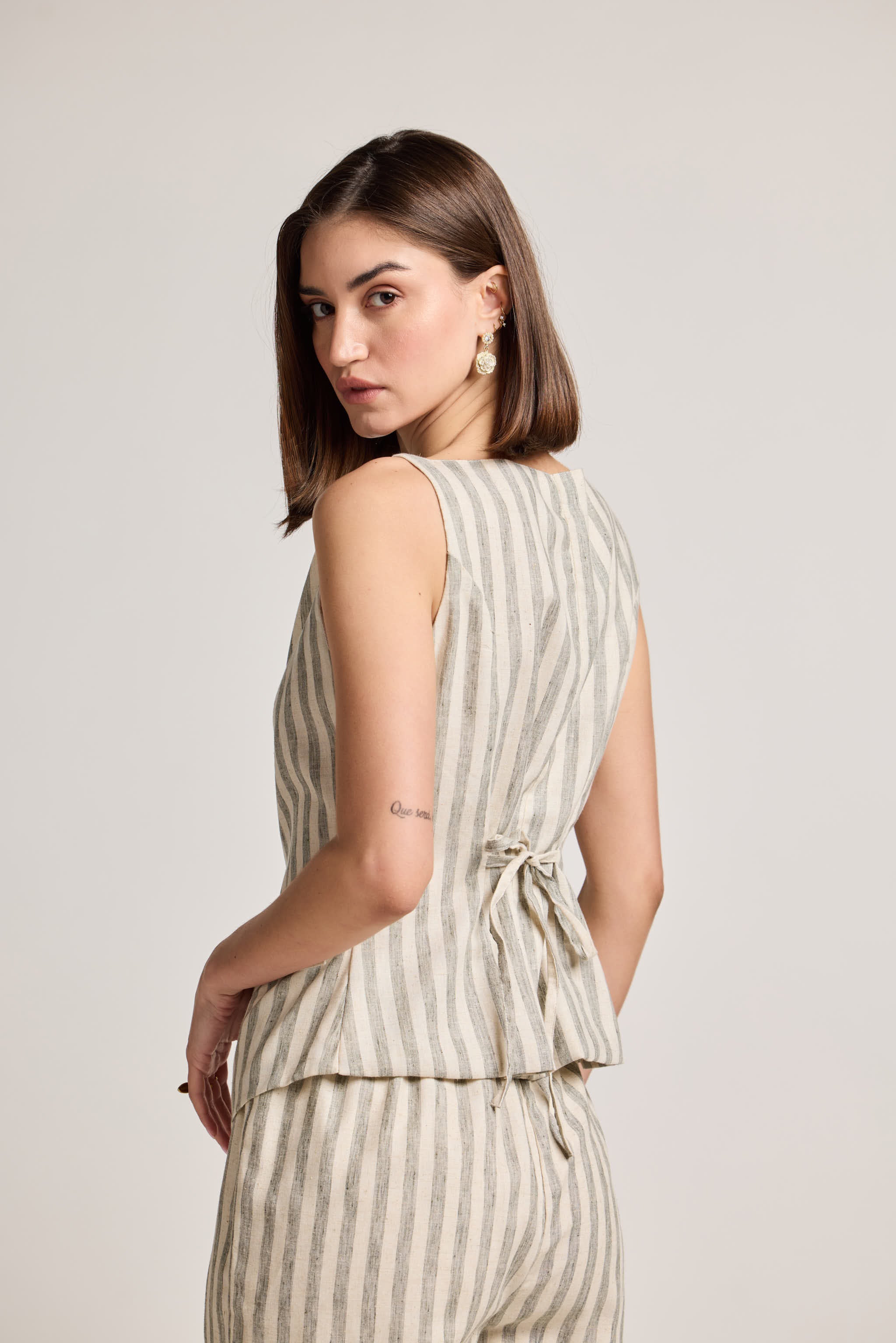 Green and White Striped Linen Waistcoat