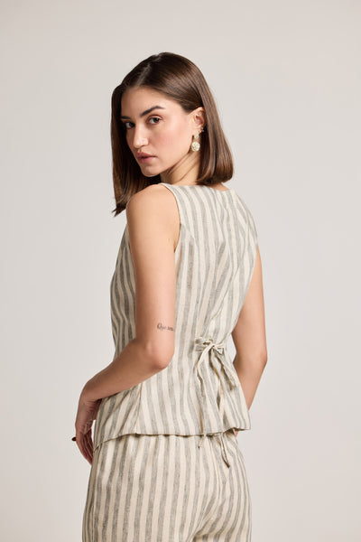 Green and White Striped Linen Waistcoat