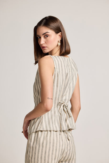 Green and White Striped Linen Waistcoat