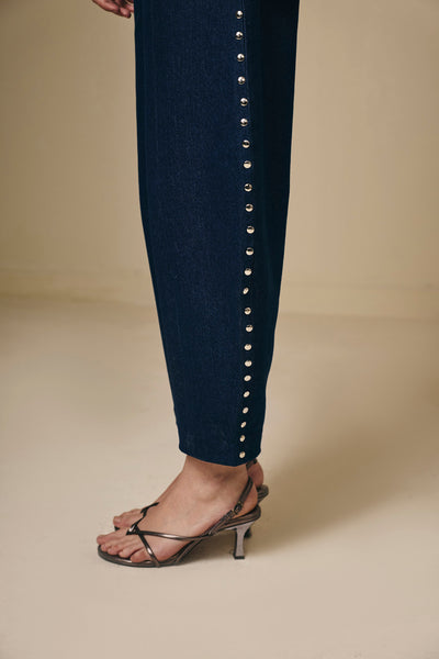 DARK BLUE STUDDED BARREL LEG JEANS