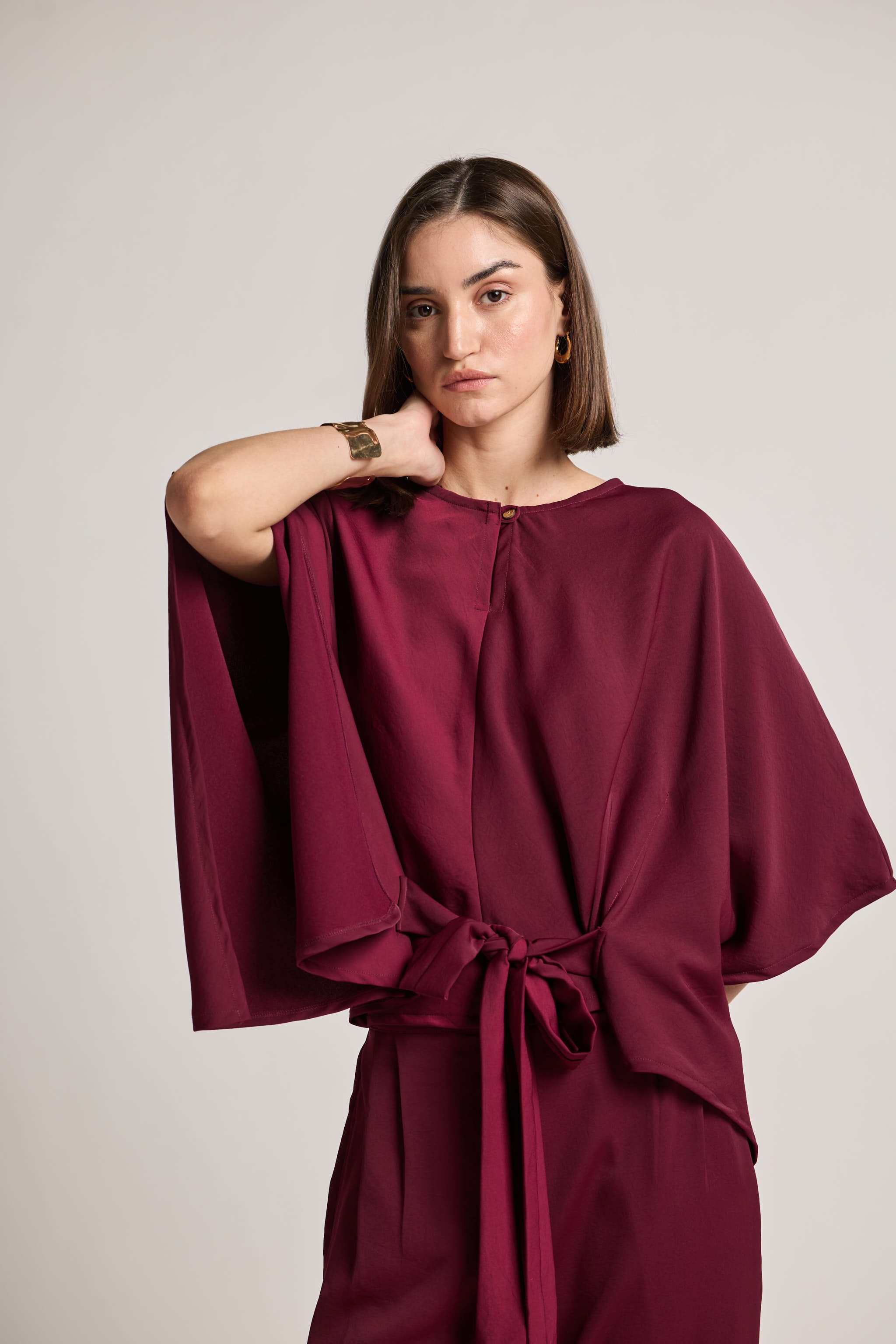 Maroon Tie-Waist Kimono Sleeve Top