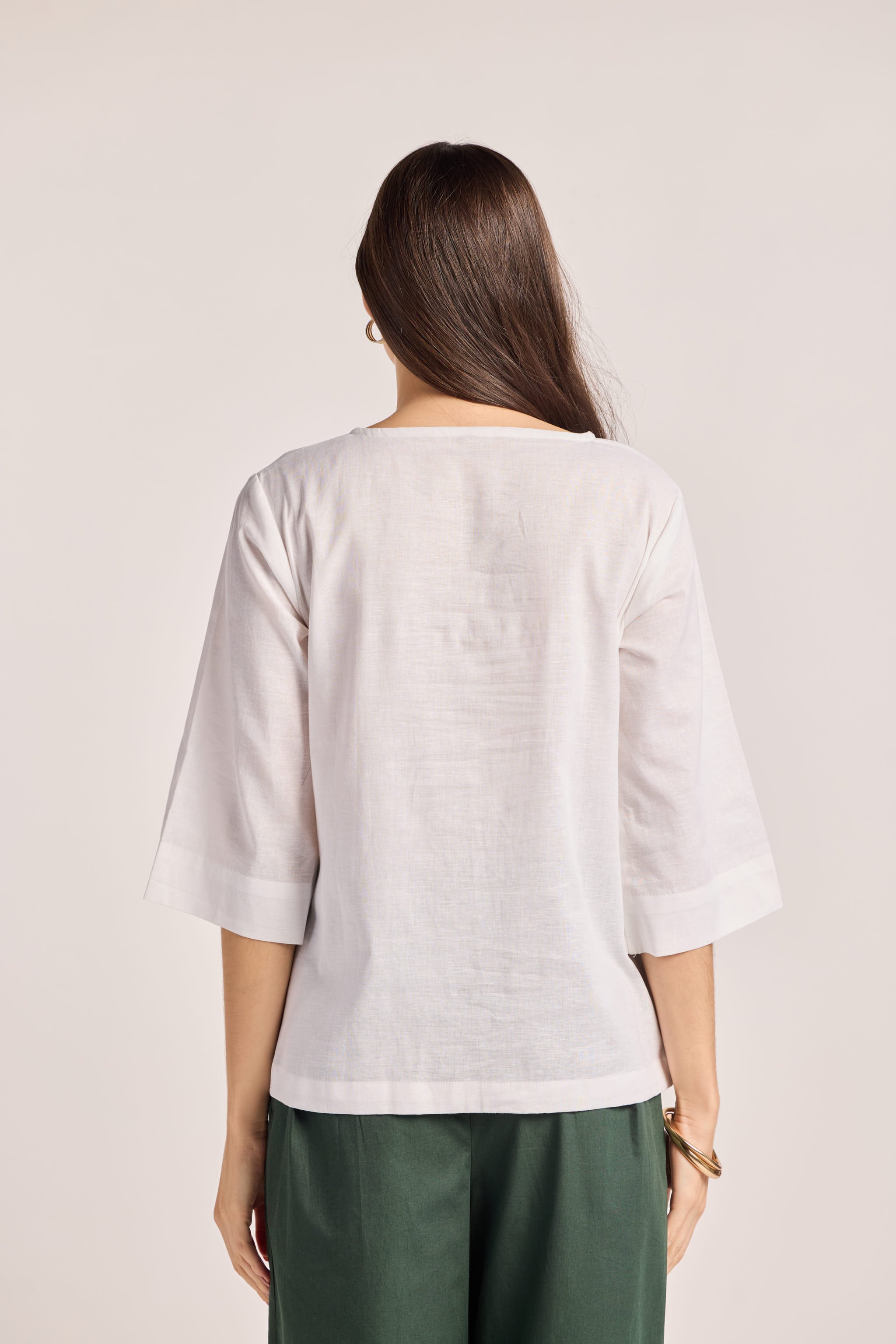 White Cotton Linen Drawstring Top
