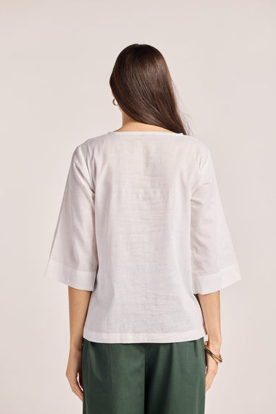 White Cotton Linen Drawstring Top