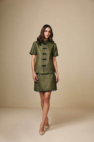 Olive Cotton Linen Mandarin Collar Top with Knot Button Detail