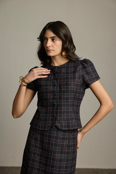 Blue & Black Checked Tweed Puff Sleeve Top