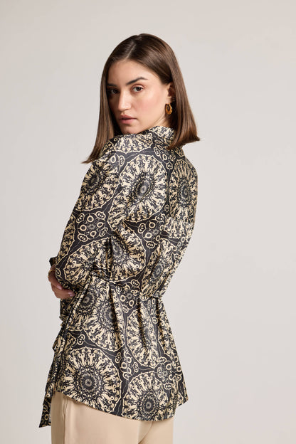 Mandala Black Printed Shirt with Waist Tie