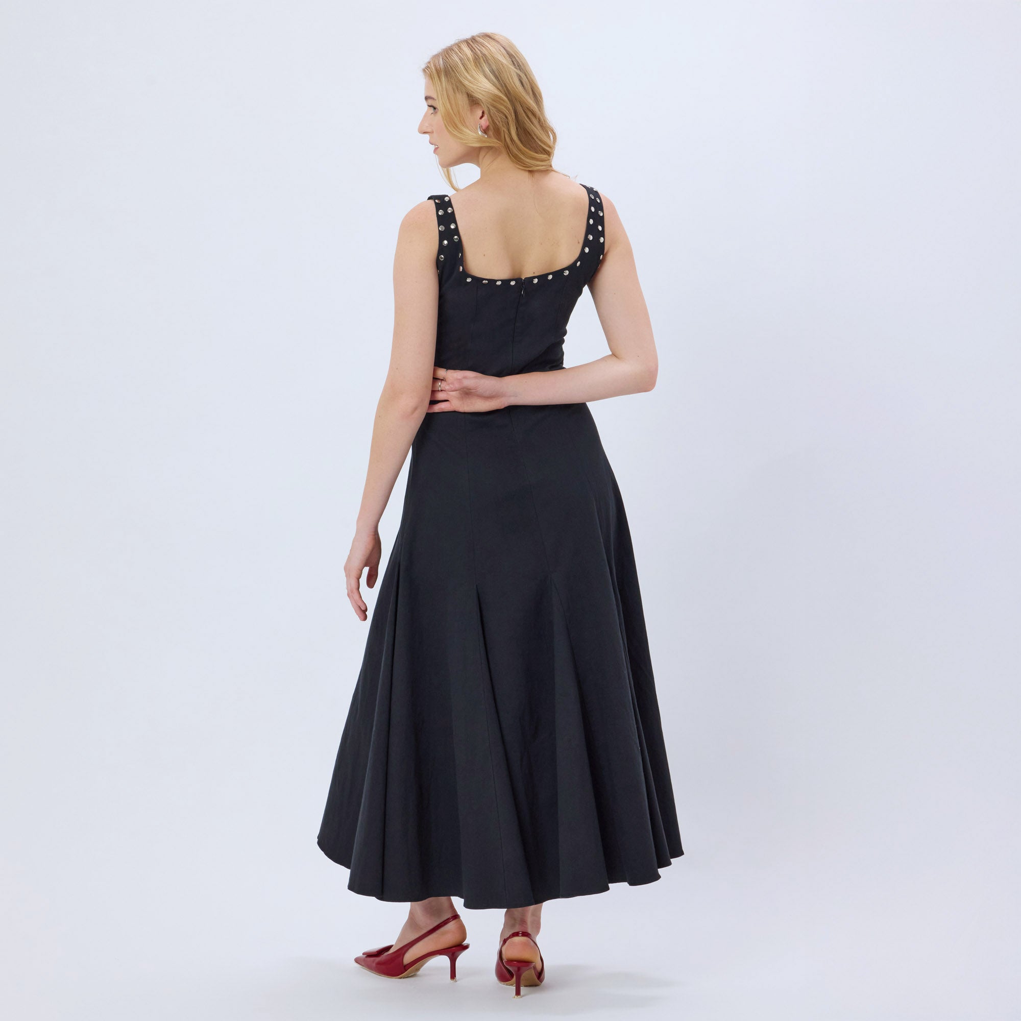 BLACK STUDDED COTTON BLEND MAXI DRESS