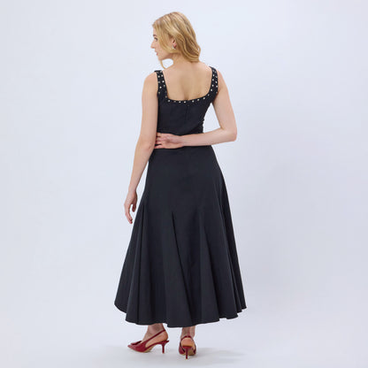 BLACK STUDDED COTTON BLEND MAXI DRESS