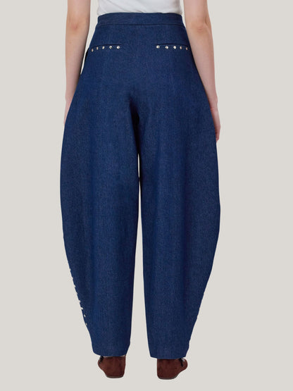 DARK BLUE STUDDED BARREL LEG JEANS