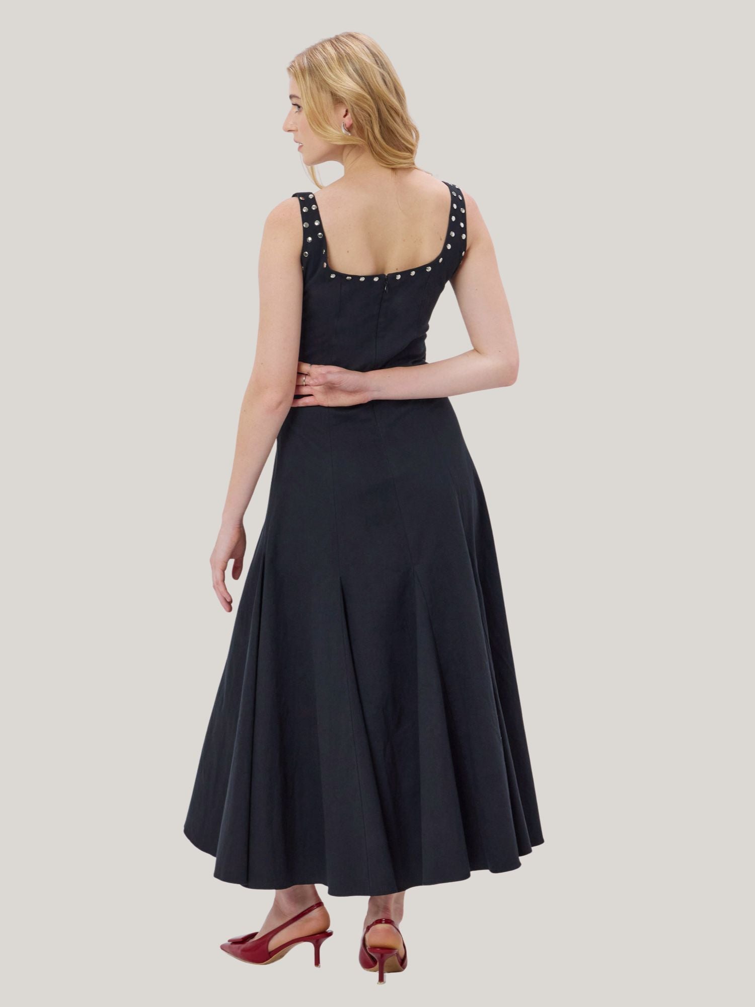 BLACK STUDDED COTTON BLEND MAXI DRESS