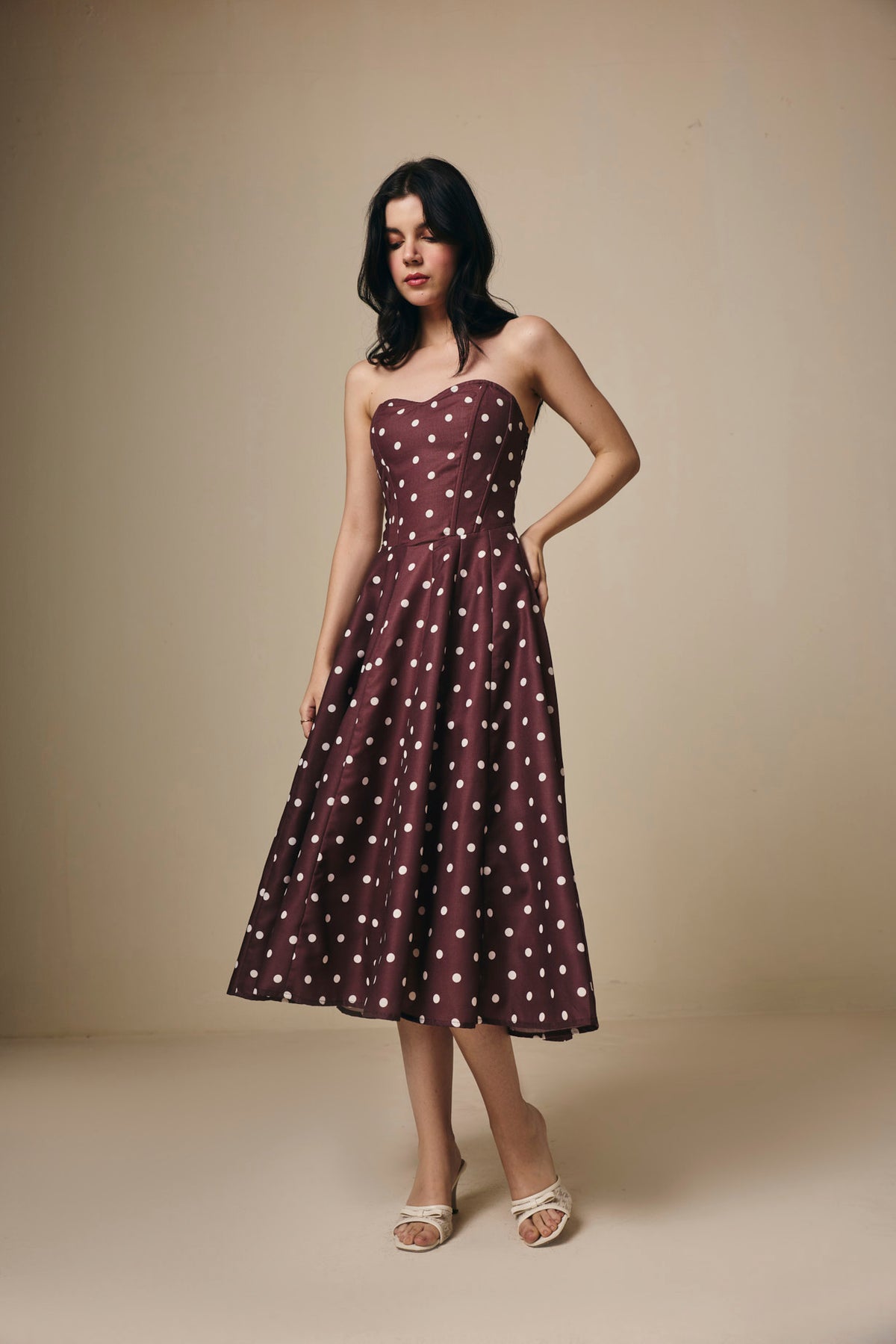 Brown and White Polka Dot Cotton Corset Midi Dress