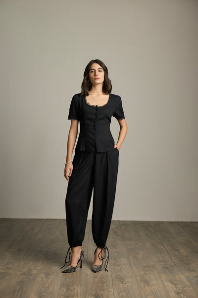 Black Viscose Rayon Drawstring-Hem Barrel-Leg Trousers