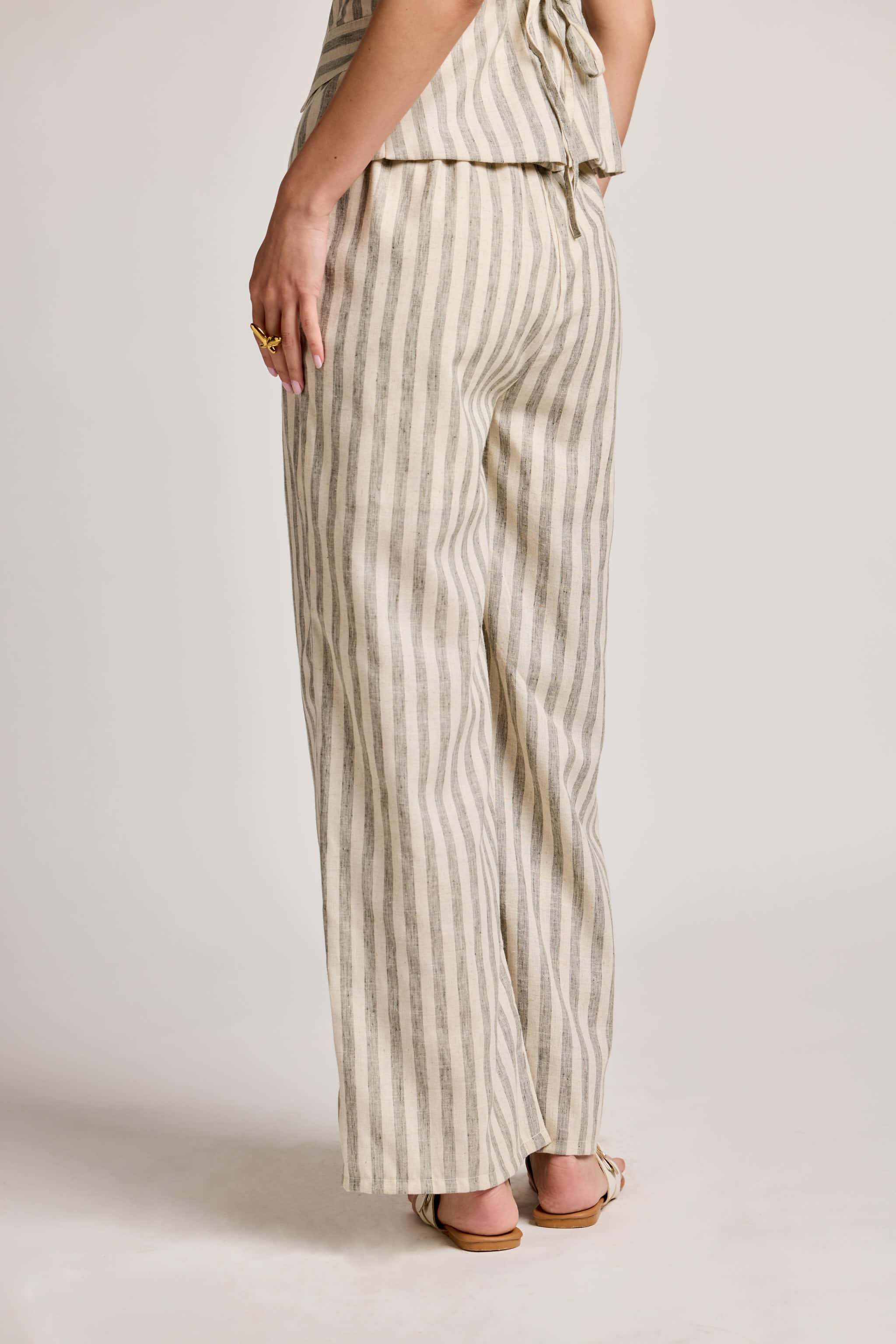 Green and White Striped Linen Trousers