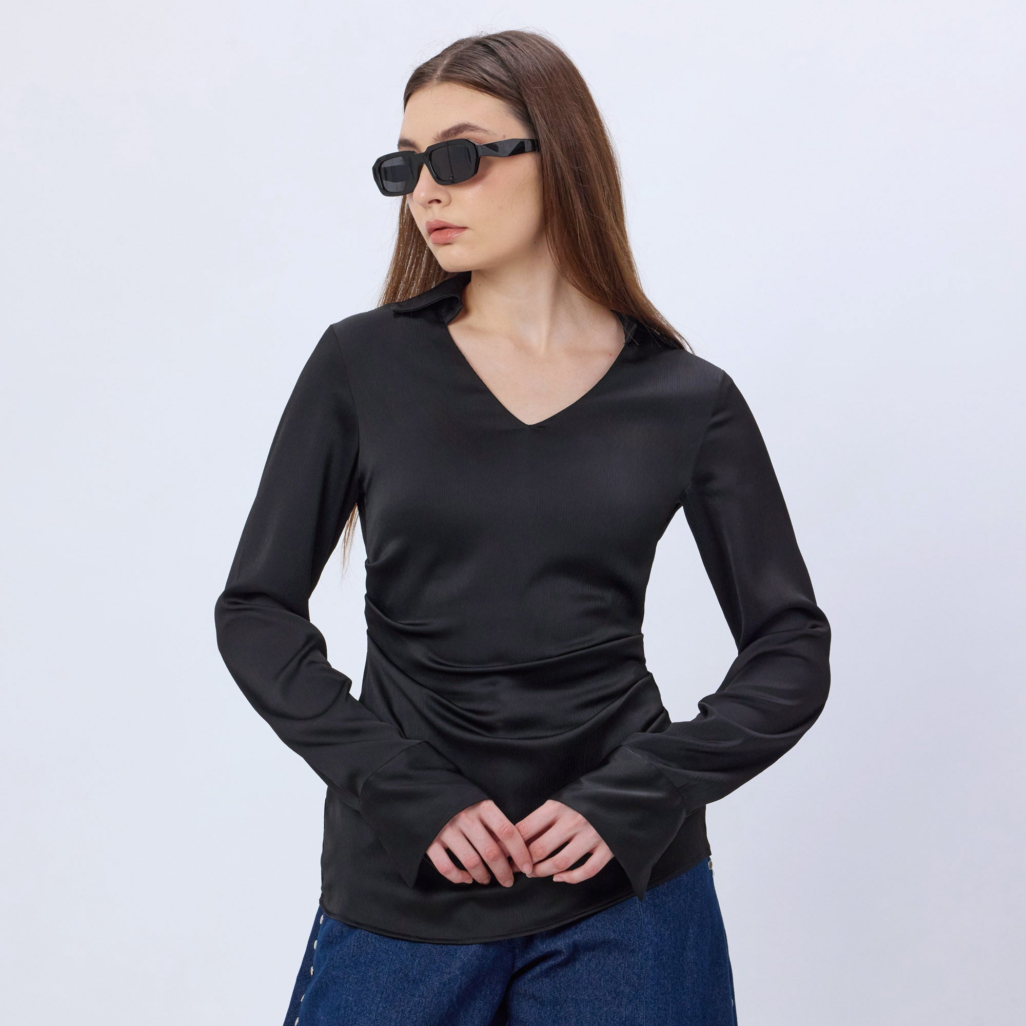 BLACK SATIN COLLARED TOP