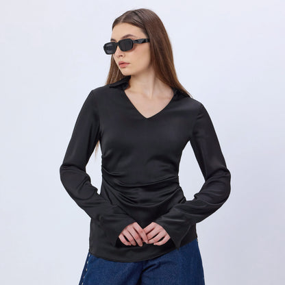 BLACK SATIN COLLARED TOP