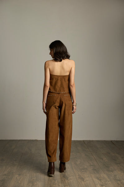 Brown Cotton Corduroy Studded Barrel-Leg Trousers
